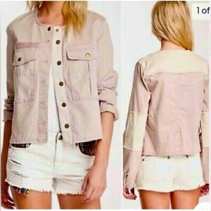 Free People Lou Distressed Cropped Military Jacket Elbow Patch Blush Cream Sz XS